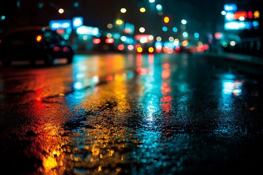 Blurred city lights reflected on wet asphalt during nighttime rain, creating cinematic urban street scene atmosphere, capturing vibrant city life and moody high-quality photography.
