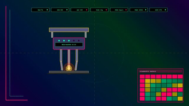 A futuristic digital interface showing precise robot welding in action alongside real time diagnostic telemetry grid updates on a dark virtual dashboard.