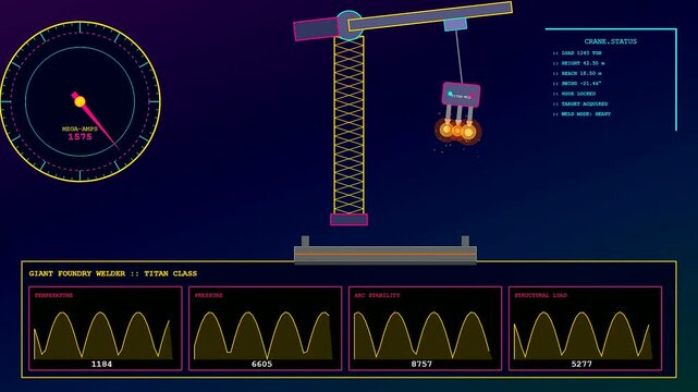 An animated futuristic telemetry dashboard monitors heavy robot welding operations while dynamic wave graphs and dial gauges fluctuate during the industrial automation process.