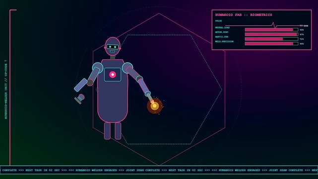 Controlled by a futuristic diagnostic HUD, a stylized robot welding with its mechanical arm activates orange sparks in a seamless flat vector animation loop.