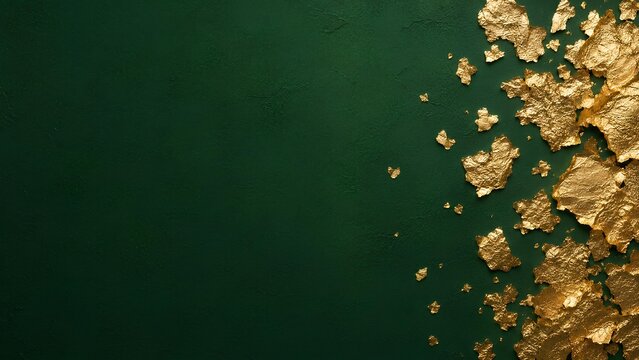 深緑の背景の右側に配置された金箔 / Gold leaf placed on the right side of a deep green background (Generative AI)