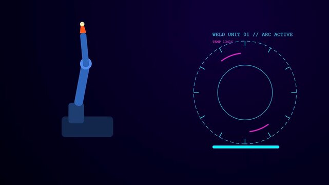 This futuristic HUD interface visualizes a robot welding arm in action with digital telemetry data tracking temperature and active status parameters.