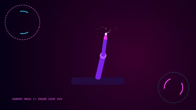 Animated motion of a futuristic robot welding arm operating with a digital interface, displaying phase lock percentages and glowing pink laser effects.