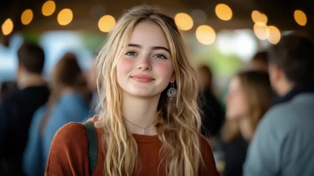 Young caucasian woman smiling in a crowd with warm lighting and soft focus