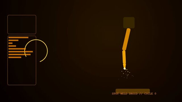A stylized digital interface visualizes precise robot welding operations as the mechanical arm fires sparks during simulated cycles on a dark amber display
