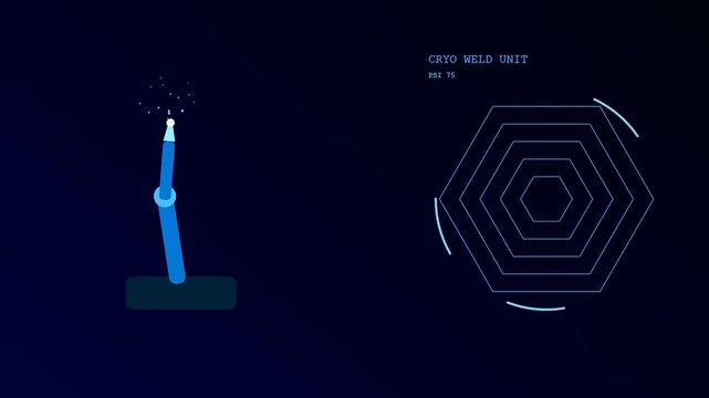 Futuristic interface graphics illustrating a robot welding arm in motion alongside telemetry data tracking cryo pressure readings against a dark digital background.
