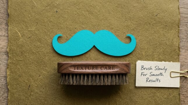 Turquoise paper mustache cutout with wooden beard brush for texture care on green background, representing male grooming routine and barber shop styling concepts for healthy smooth facial hair looks.