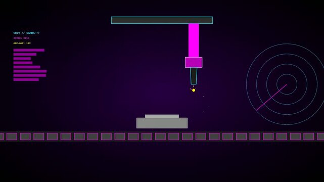 Industrial robotic welding arms performing repetitive assembly sequences on a moving conveyor belt with digital data panels displayed in a dark room environment for production