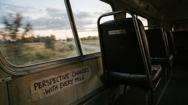Empty vintage bus interior shows a moving landscape through a window with an inspirational quote about perspective change with every mile during a nostalgic road trip journey at golden sunset hour now