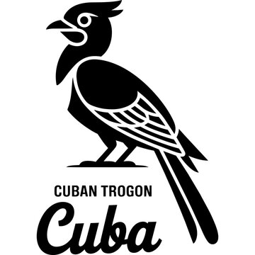 Cuban trogon bird vector emblem with stylized black silhouette and bold typography spelling Cuba, minimalist monochrome wildlife mascot print