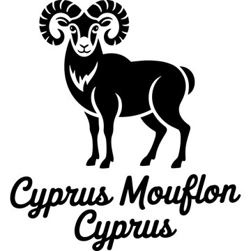 Cyprus mouflon wild sheep standing emblem, black graphic silhouette of the horned mountain mammal mascot with cursive brush script country lettering
