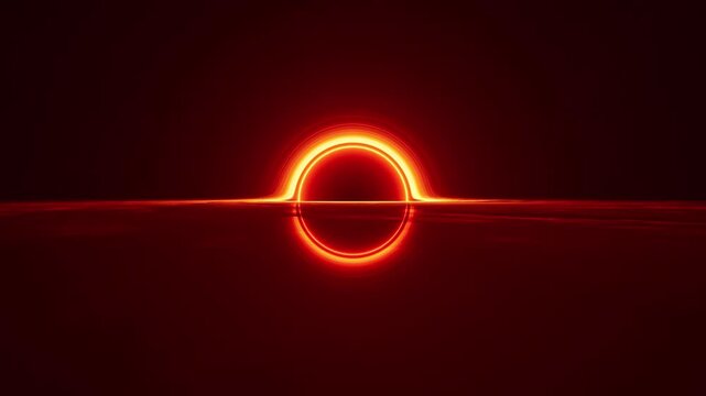 Red Black Hole Swirling in Deep Space With Light Bending Event Horizon Loop