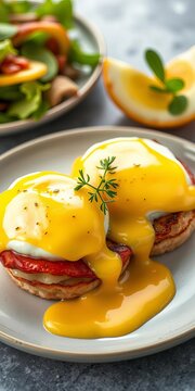 Eggs benedict on a plate with hollandaise sauce drizzling down, brunch, plates