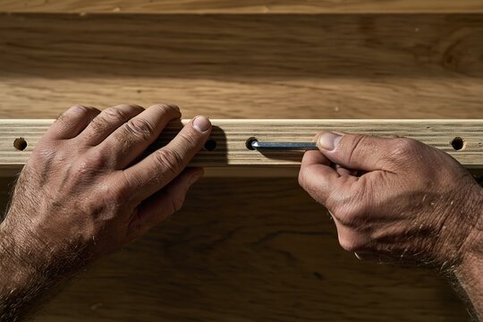 Hand Adjusting Wooden Plank with Screwdriver