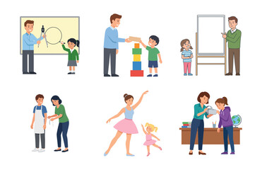 Fototapeta premium Set of flat vector illustrations depicting various educational and creative activities between adults and children