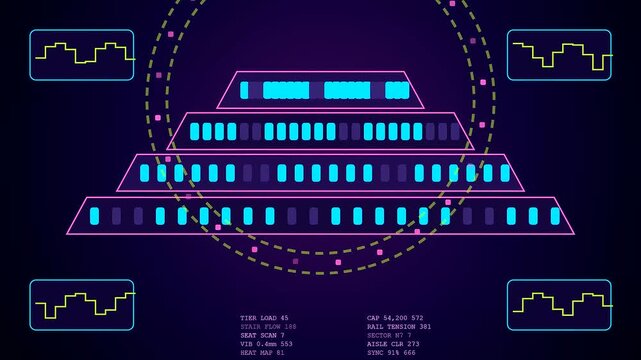 A detailed stadium infrastructure display featuring glowing illuminated digital icons and systematic bar charts arranged in a layered geometric sequence across the dark interface screen surface