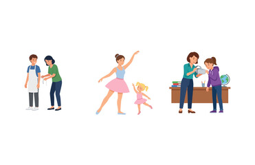Obraz premium Set of illustrations showing a woman helping a boy, ballet dancers, and a teacher instructing a student at a desk.
