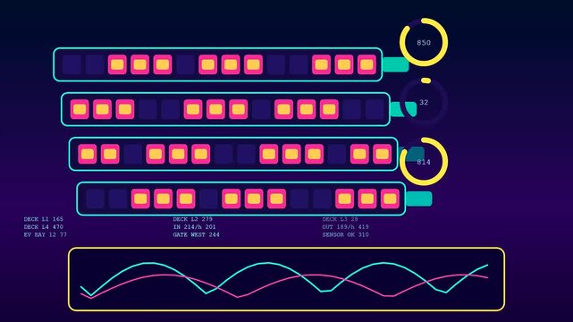 Neon Stadium infrastructure analytics interface displaying dynamic monitoring patterns with glowing progress bars and oscillating wave graphs moving across a deep dark blue digital workspace screen