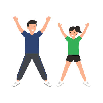 Happy young man and woman in colorful sportswear performing jumping jacks with arms and legs spread out in exercise