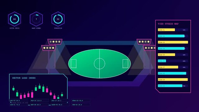 Stadium infrastructure visual interface showing animated data grids and fluctuating bar charts representing complex power load distributions across illuminated field sectors on a dark purple screen