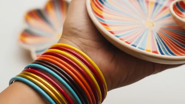 Colorful hand holding decorative plates and bracelets, vibrant art design.
