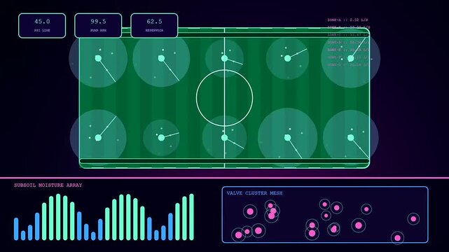Innovative stadium infrastructure displays digital data overlays on a soccer pitch showing irrigation levels and moisture sensor statistics through animated graphical user interface design elements