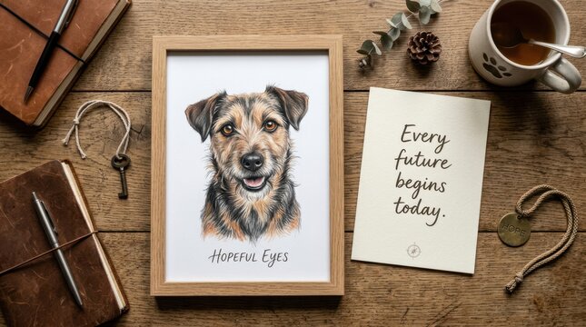 Framed dog portrait illustration on a rustic wooden desk with leather journals, hot coffee, and a motivational card, showcasing a cozy creative workspace for pet enthusiasts and art lovers everywhere.