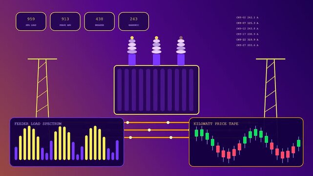 Digital stadium infrastructure displays showing electrical load graphs and power flow metrics on a dark purple gradient interface for modern energy grid monitoring systems visual analysis