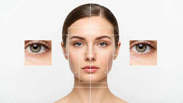 Womans Face Analysis with Detailed Eye Close-ups and Grid Overlay.