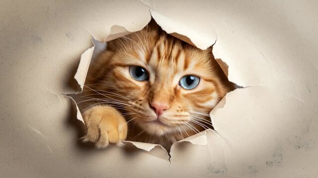 Curious ginger tabby cat poking through torn paper hole, peeking with bright blue eyes in a playful and inquisitive manner, close-up view