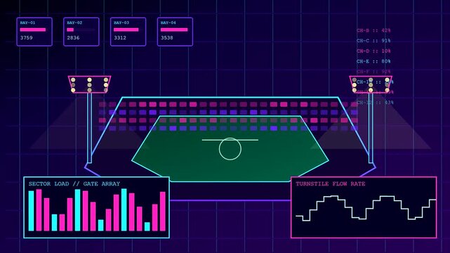 a complex stadium infrastructure system shows digital analytical metrics and neon bar graphs across three side by side motion monitors featuring dark blue grid lines