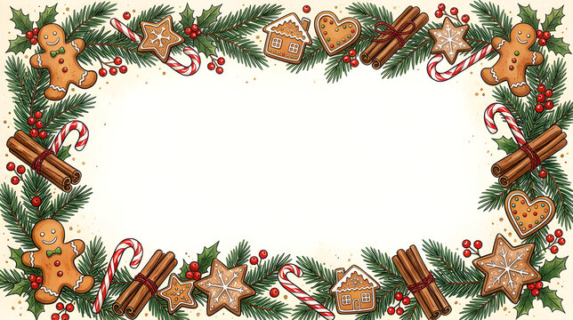 Whimsical illustrated border with gingerbread cookies, candy canes, cinnamon sticks, star cookies, evergreen branches and small red berries, warm cozy Christmas palette, large clean white center.