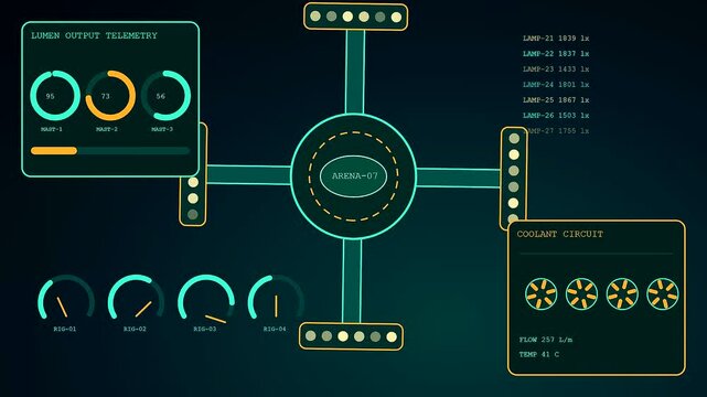 the dark digital stadium infrastructure interface displays complex numeric data patterns which fluctuate across various circular gauges and light meter readouts on a screen panel
