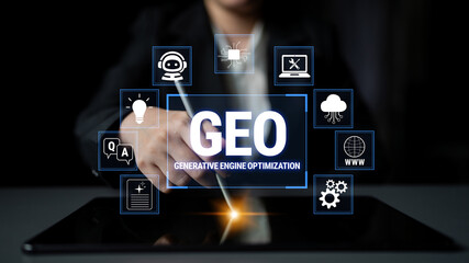 Obraz premium Professional Using Tablet Displays Geometric Icons Associated with Generative Engine Optimization and Digital Innovations in Business Strategy Fluxor.