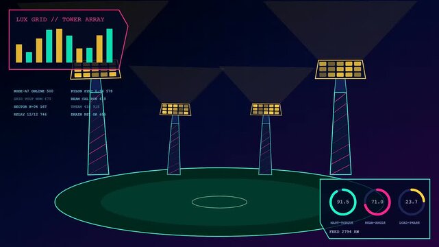 Digital displays showing stadium infrastructure monitor energy flow across three changing panels with glowing circular charts and illuminated vertical lighting towers in dark virtual computer space