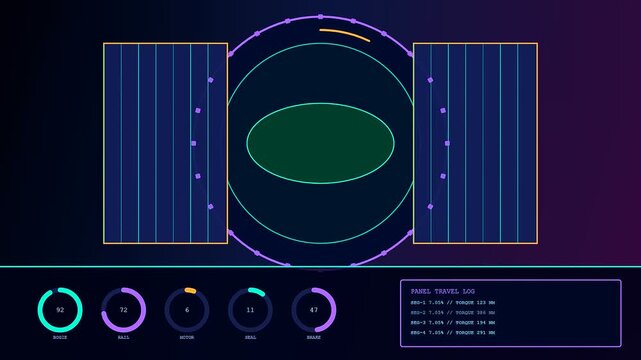 Stadium infrastructure visual interface displays sliding panels and circular metric data points moving through digital animation sequences on a dark gradient background with vibrant glowing lines