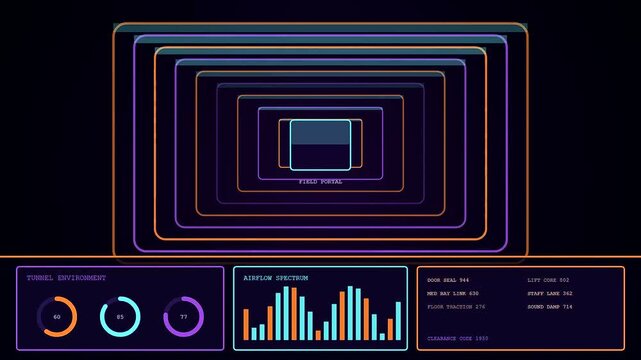 A digital stadium infrastructure monitoring interface displays glowing neon rectilineal portals and complex analytical data metrics across a dark flickering screen during a simulated live diagnostic