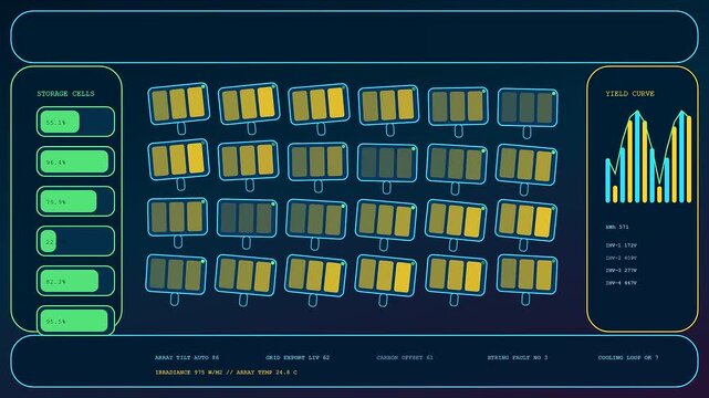 Digital dashboard managing stadium infrastructure monitors solar panel energy yield storage cell capacity and real time environmental data on a futuristic glowing teal interface display