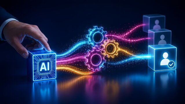 Businessman activating Artificial Intelligence system, initiating automated workflow and seamless data processing for optimized user solutions and digital transformation.
