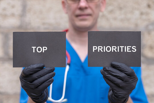 Concept of top priority. Establishing and organizing top, high priorities in medical or pharmaceutical activity is correct.