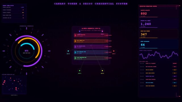 An intricate deception technology interface displays glowing circles and data points on a dark screen to show network security monitoring and system status tracking movements