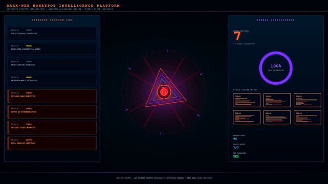 a glowing digital deception technology interface displays circular data flow patterns alongside triangle geometry visuals across multiple dark monitor panels during a system security scanning process