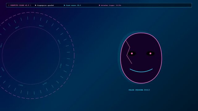 A digital representation of deception technology displays an abstract glowing purple face inside a circular data ring that cycles through various stages of authentication security monitoring