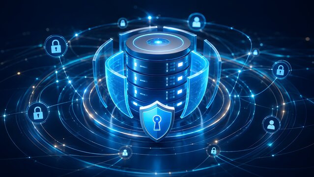 Secure server database concept with glowing blue digital shields and padlock symbols in virtual network environment