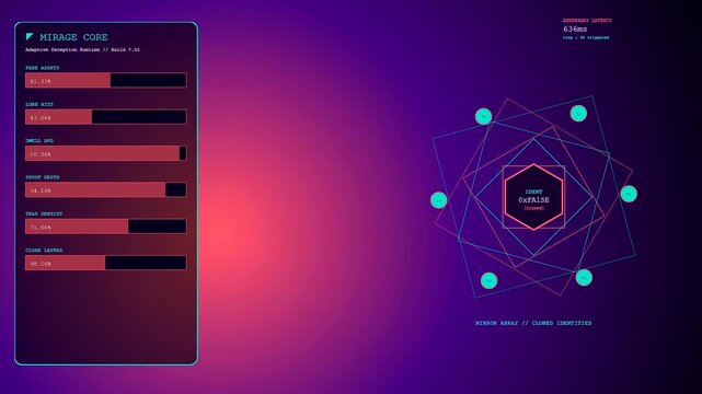 A sophisticated deception technology dashboard displays fluctuating data metrics in a three panel view showcasing geometric patterns rotating with shifting numeric values on a purple gradient screen