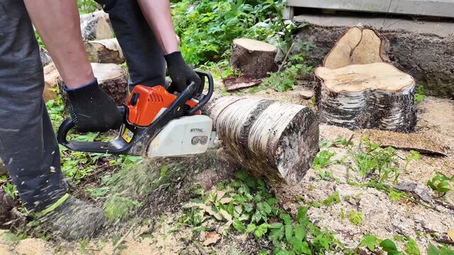 Worker cuts a fallen tree trunk with a chainsaw outdoors, forestry maintenance, wood processing, heavy equipment, arborist work.