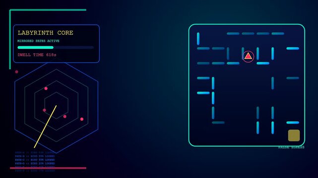 Deception technology interface displays animated grid maps with red geometric pointer movement and fluctuating data statistics in a digital environment for system monitoring and visual analysis