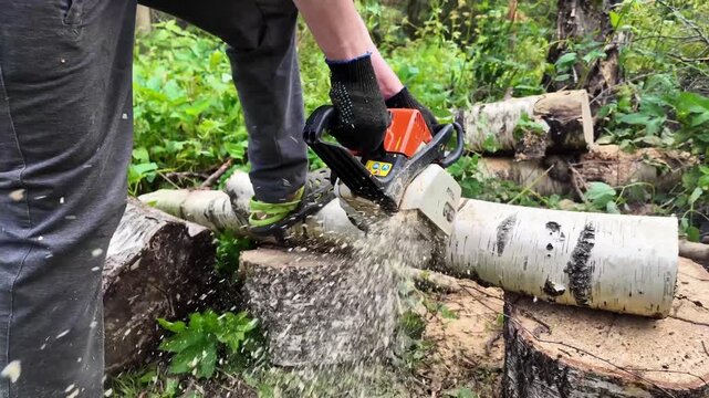 Close view of a worker operating a chainsaw while cutting a tree log, forestry maintenance, wood harvesting, outdoor labor, industrial equipment.