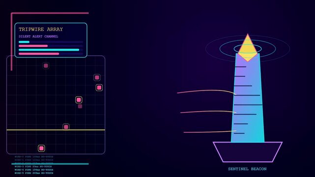 a colorful deception technology interface shows pulsing signal beams and grid patterns as monitoring beacons display digital scanning movements across a dark violet computer monitor screen