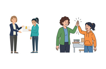 Obraz premium Flat vector illustration of teacher giving award to student and high five celebration in classroom
